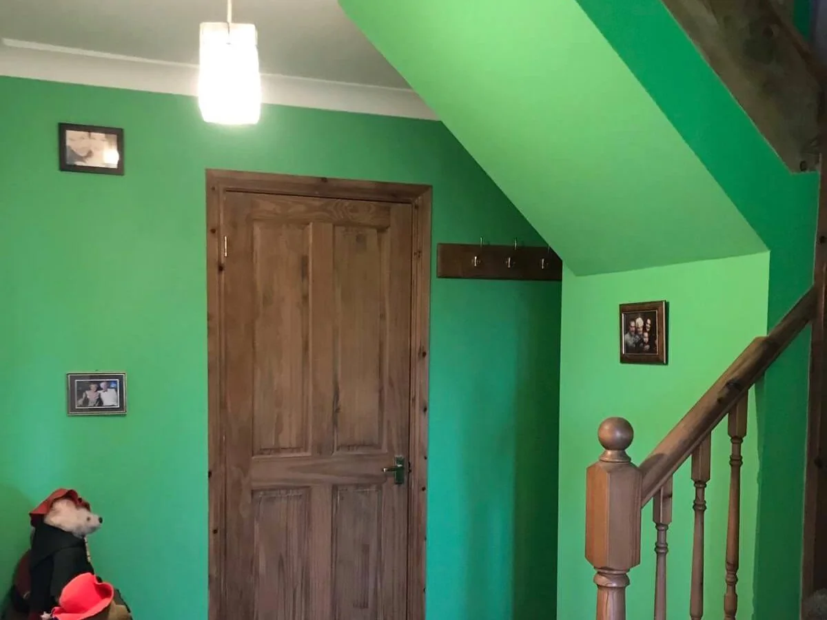 Hallway and staircase painted green in Sunderland by Foxglove Decor